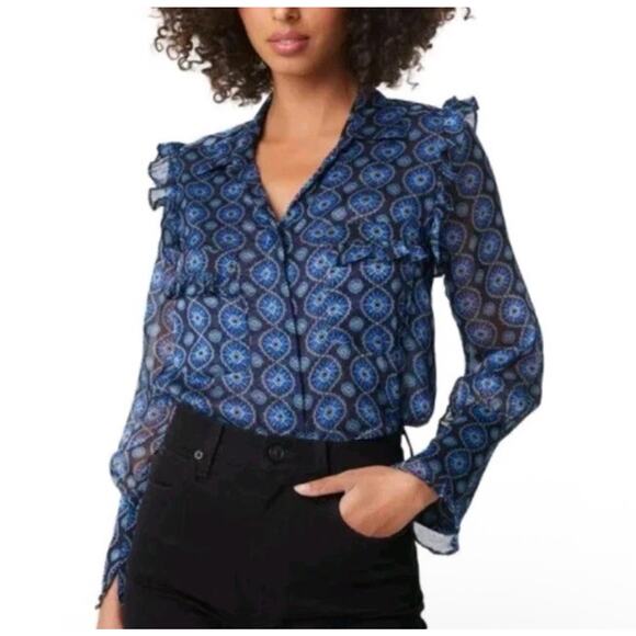 MISA Los Angeles Sheer Anita Button Front Blouse Top in Blue Valencia Tile - Picture 1 of 12